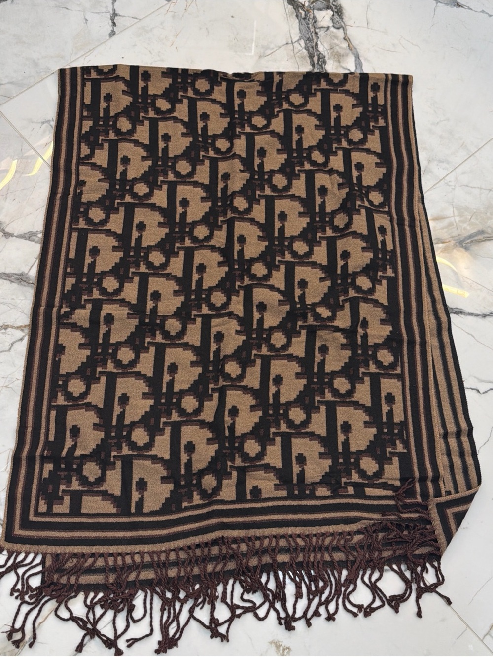 NWOT Dior Brown and Black Monogram Fringe Scarf Wrap
